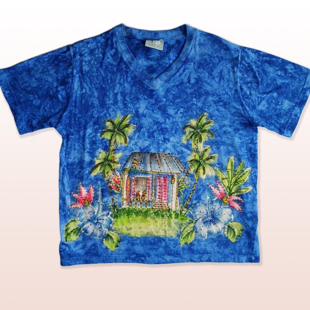 Coconut Reef Beaded Lounge Set Tshirt Pants Deep Blue Tiedye 100% Cotton Size M
